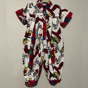 Vintage Primary Red and Green Animal Print Kids One Piece Romper